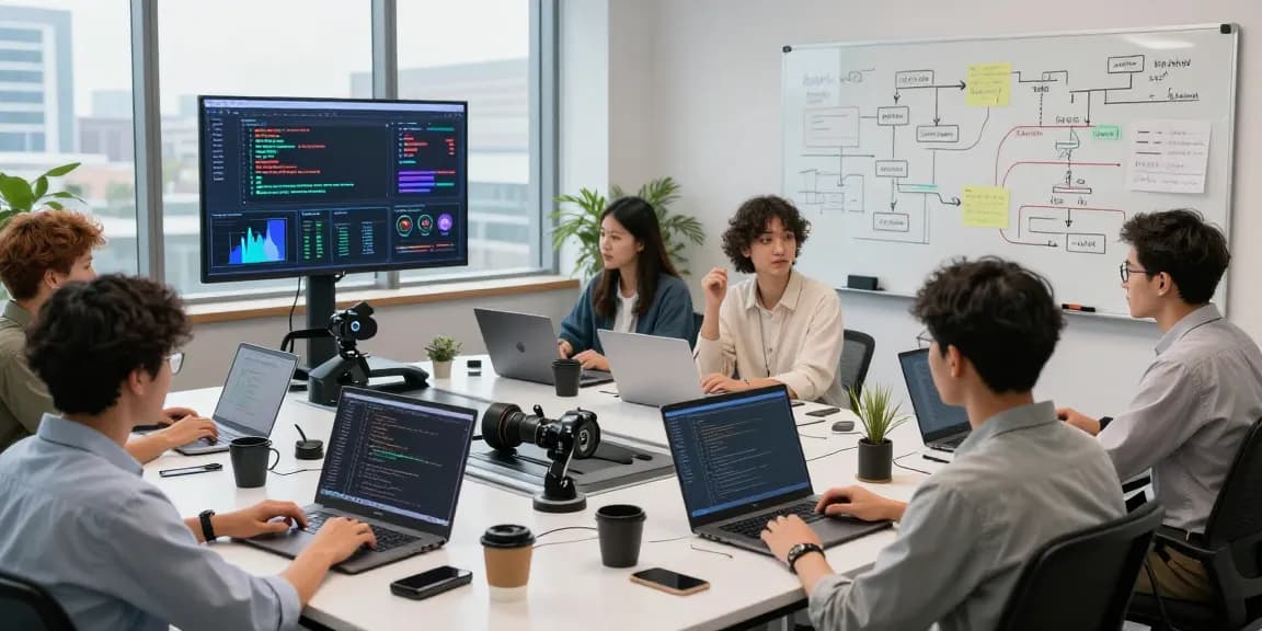 Diverse team working on machine learning tools in a bright tech office with charts and laptops.
