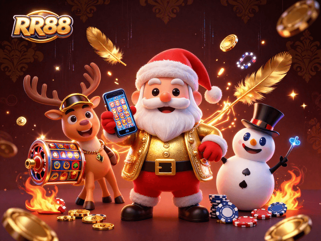Win big at RR88 with Santa Claus and friends revealing vibrant jackpot slots in a dazzling casino.