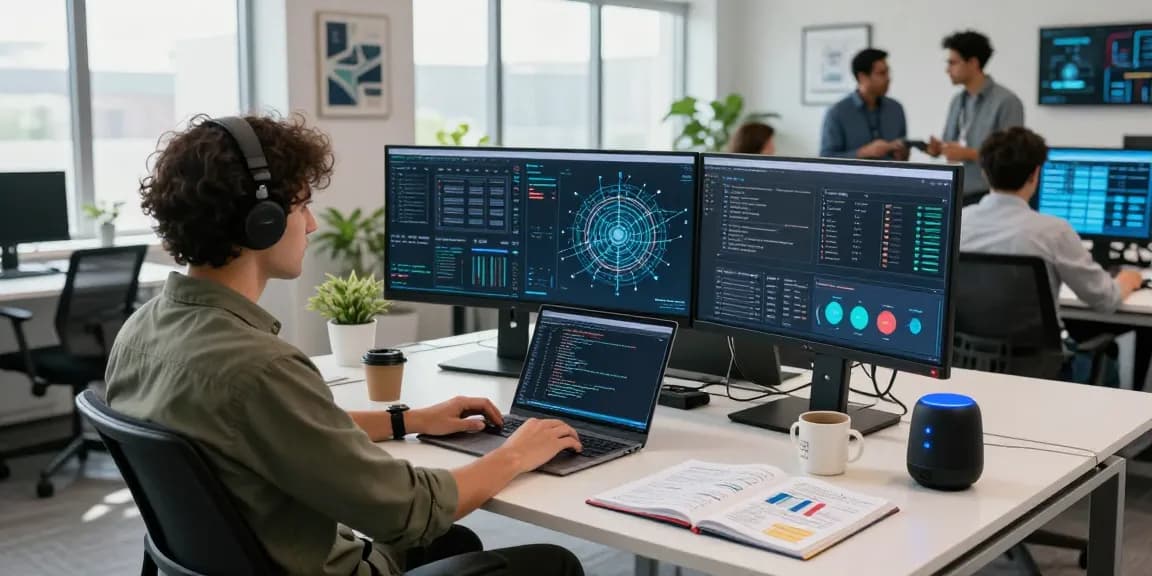 Data analyst utilizing serverbrowse tools in a modern office, analyzing cloud performance metrics.