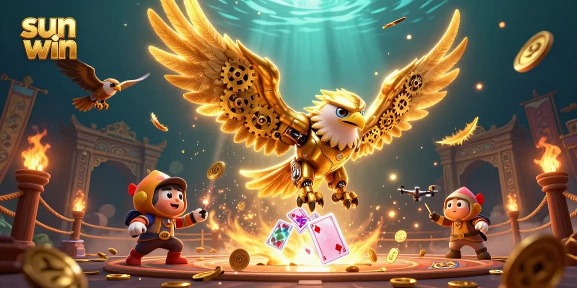 Engage in thrilling gameplay with sun win, featuring a golden eagle battling amid holographic cards.
