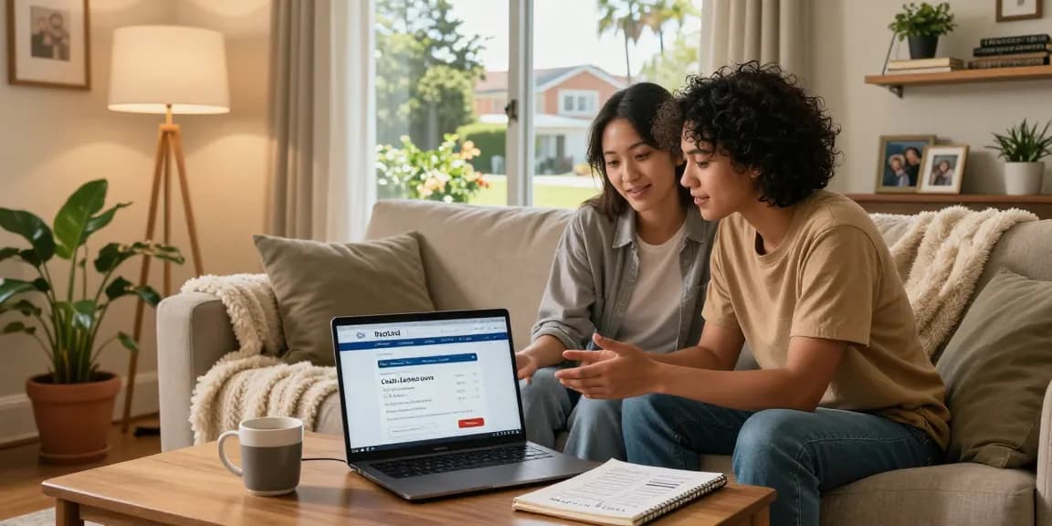 Apply for payday loans California at RadCred with a couple exploring loan options in a cozy living room.