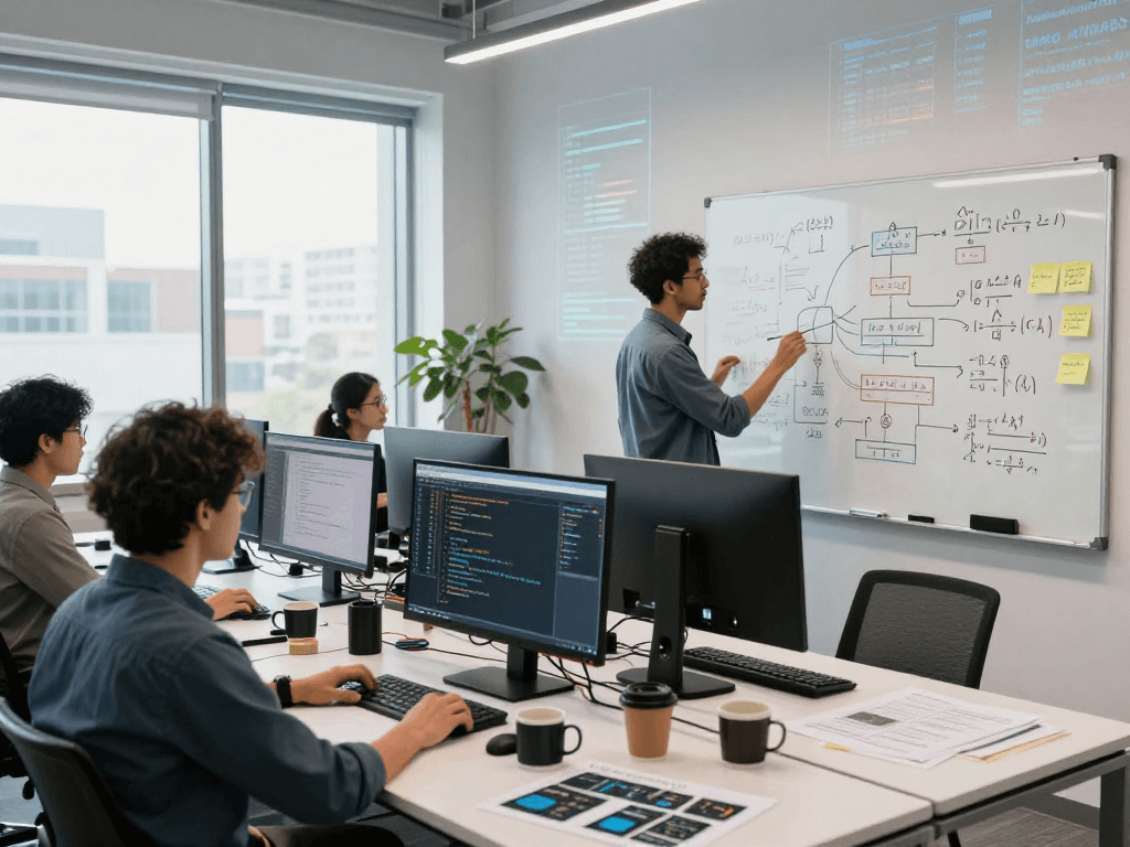 Collaborative workspace scene showcasing diverse team engaging with spicy AI technology to develop innovative machine-learning models.