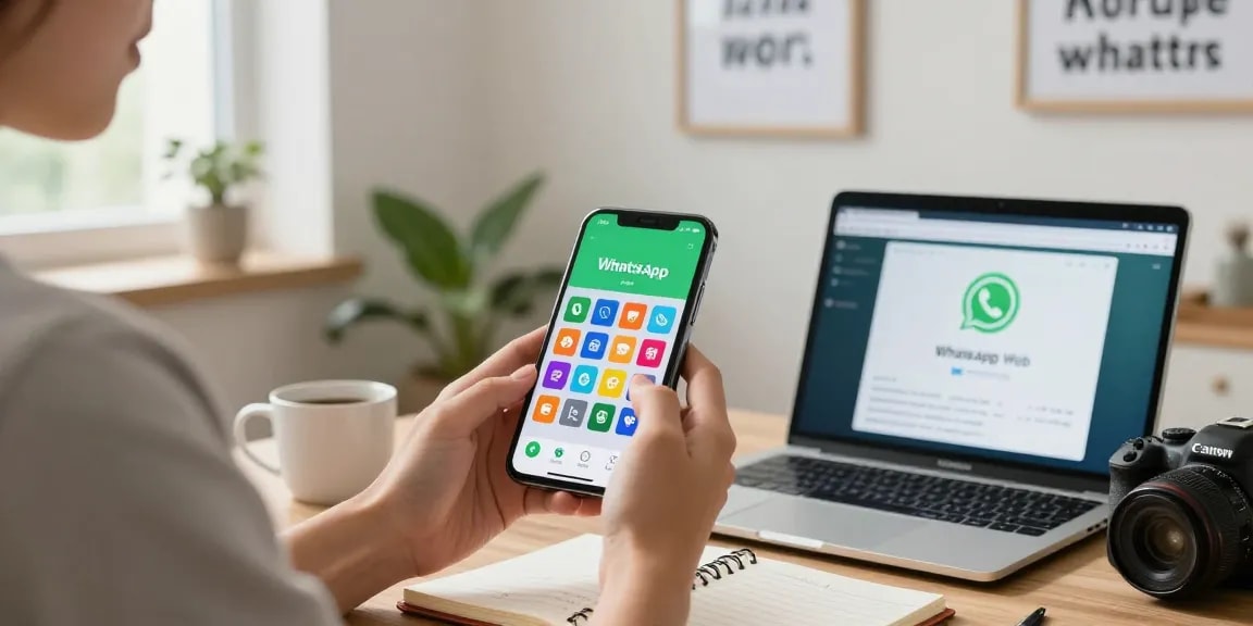 WhatsApp下載 on a smartphone in a cozy home setting with coffee and a notebook.
