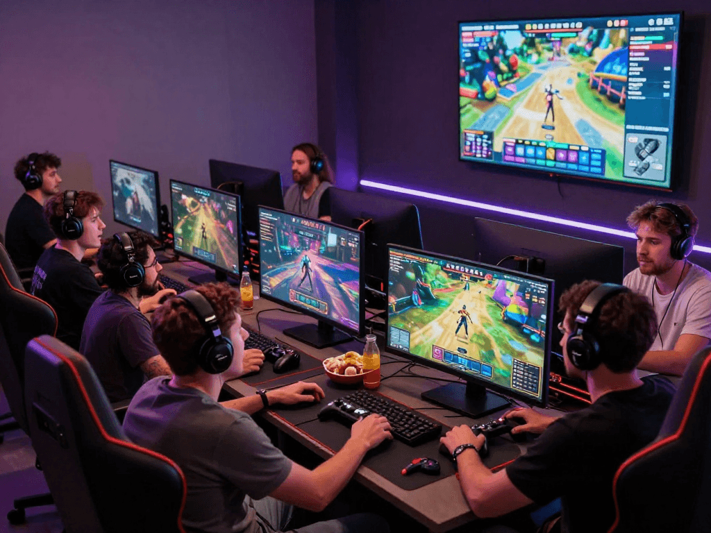 Engaged gamers exploring real porn games in a vibrant gaming lounge filled with excitement.