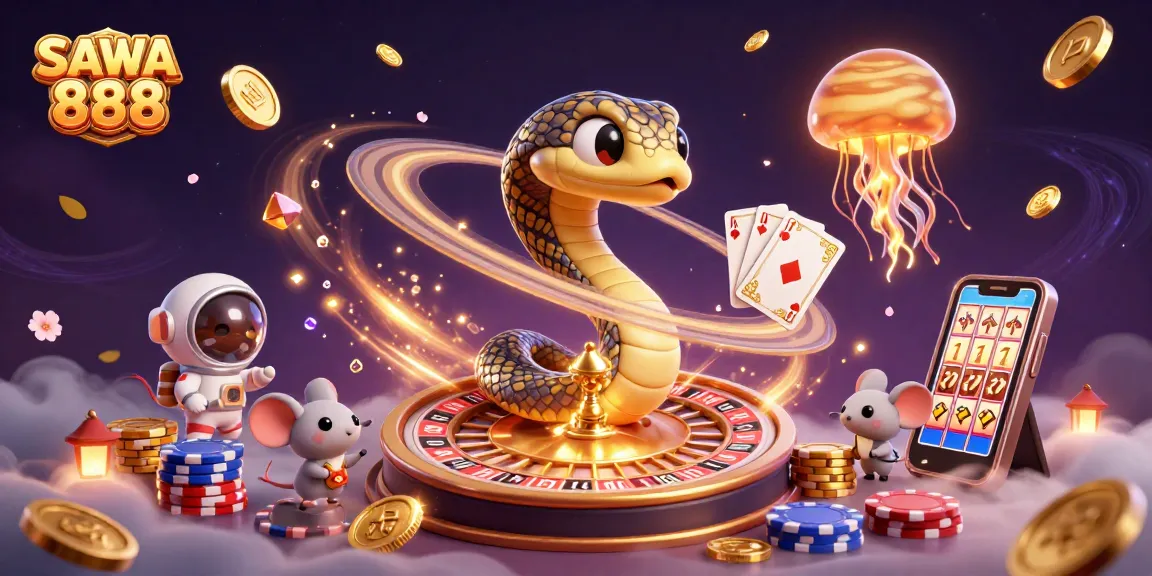 Engage with SAWA 888's exciting 3D casino scene featuring playful astronauts and vibrant gaming elements.