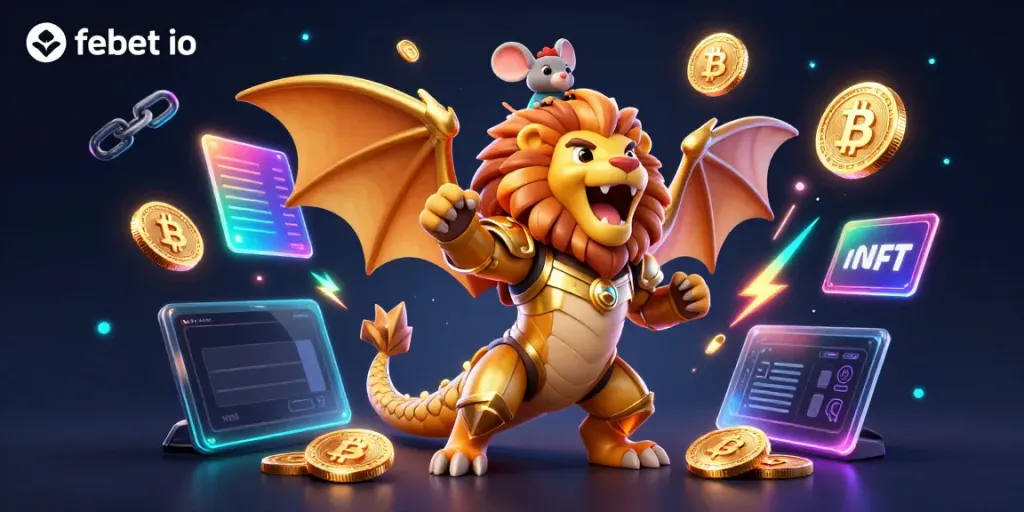Experience high-stakes action with febet io, featuring a golden chimera and crypto coins in an electrifying scene.