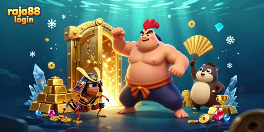 Engage with raja88 login through an exciting 3D scene showcasing dynamic characters in a vibrant, treasure-filled casino atmosphere.