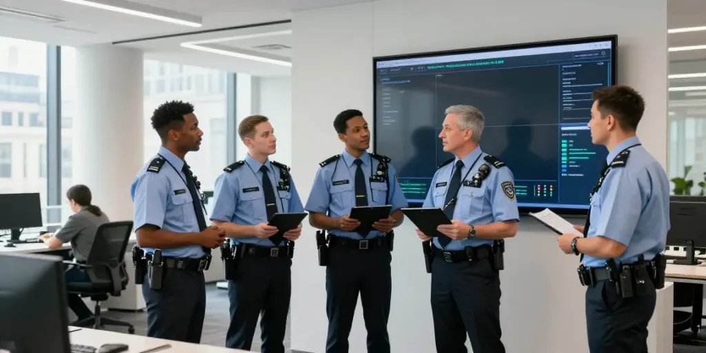 Corporate Security experts assessing risk in a London office environment, ensuring community safety.