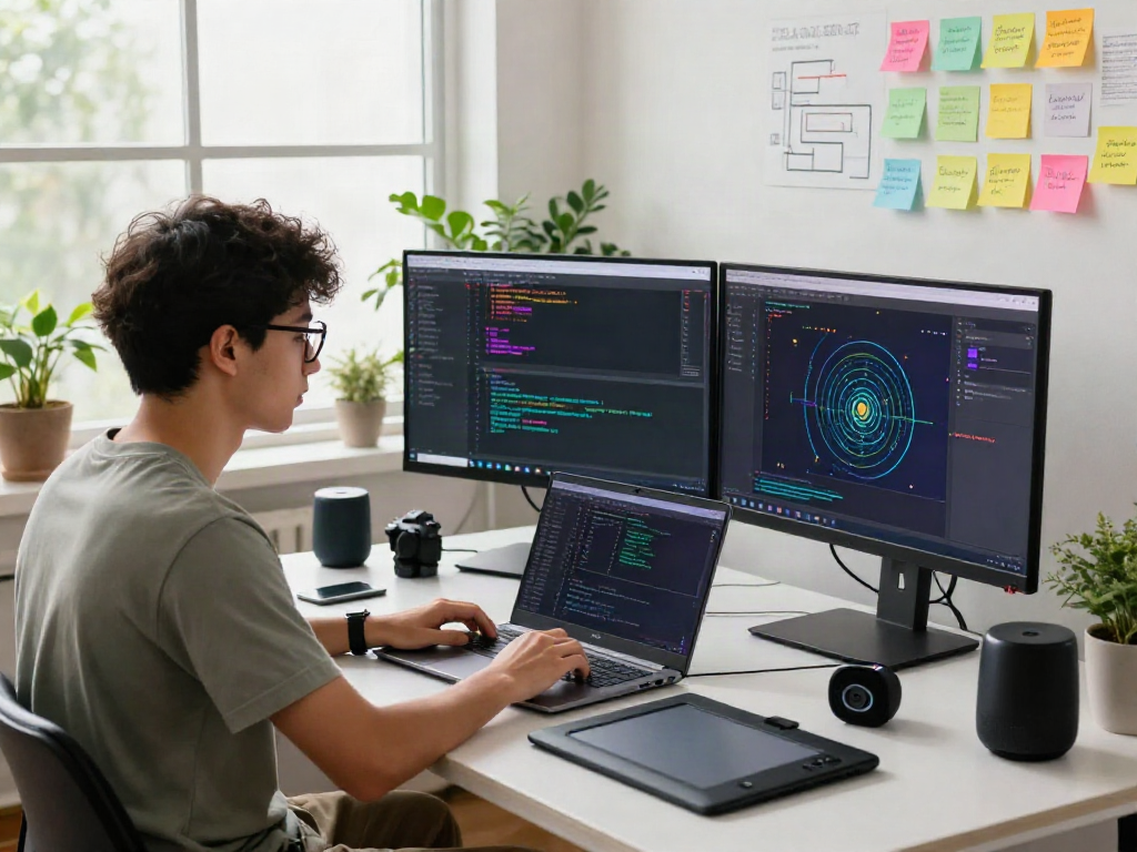 Dynamic workspace illustrating innovative development of spicy ai with vibrant coding and tech gadgets.
