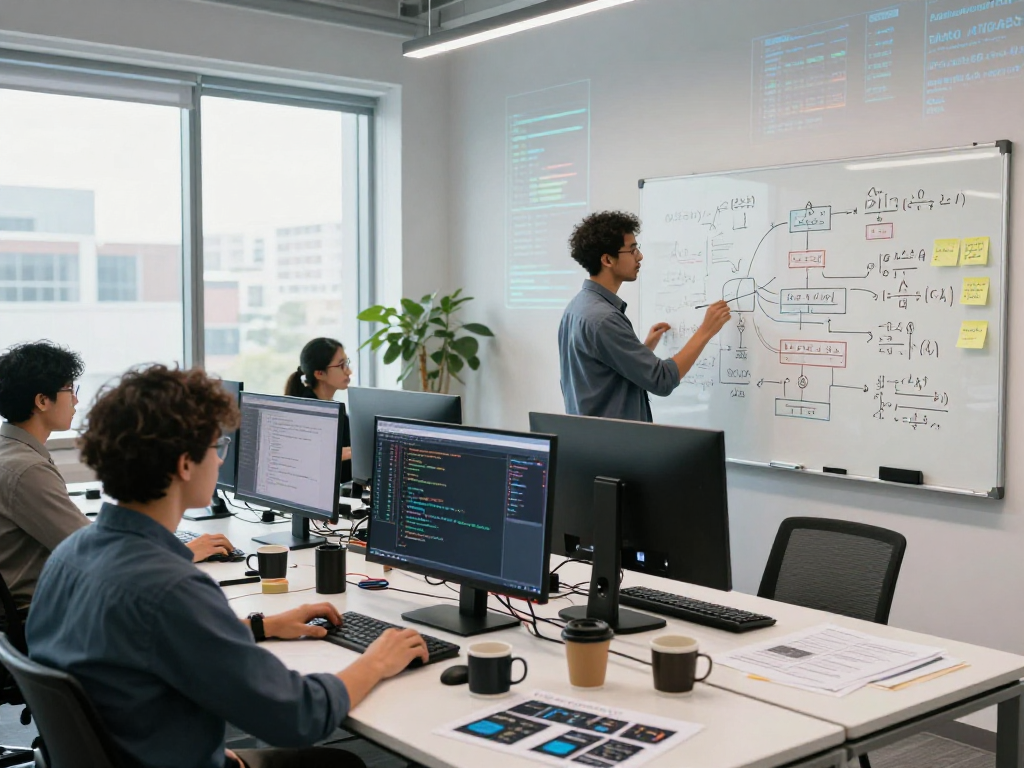 Collaborative workspace scene showcasing diverse team engaging with spicy AI technology to develop innovative machine-learning models.