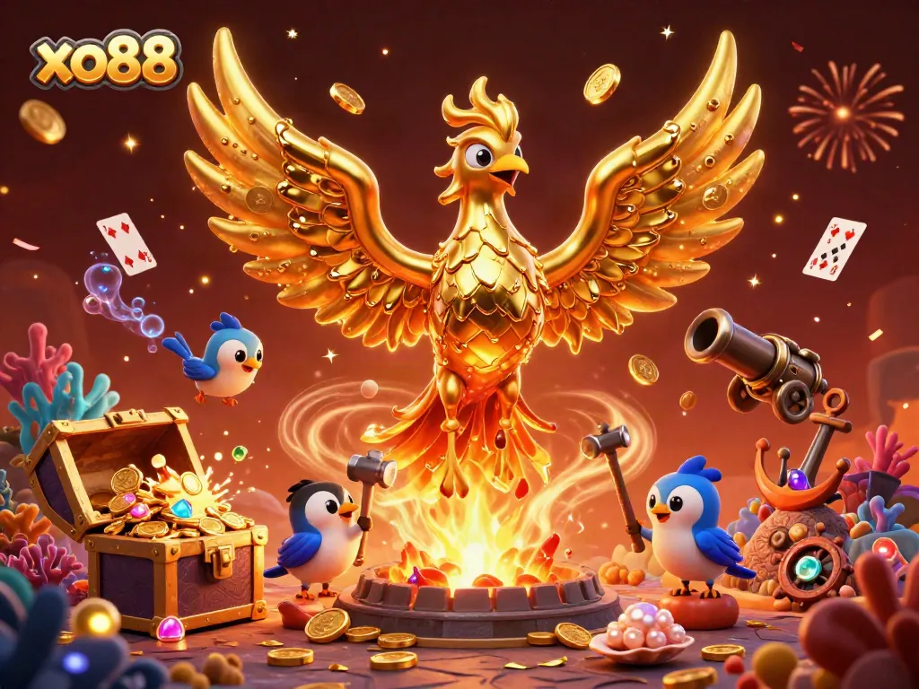 Experience the thrill of xo88 as a molten golden phoenix emerges with vibrant casino elements.