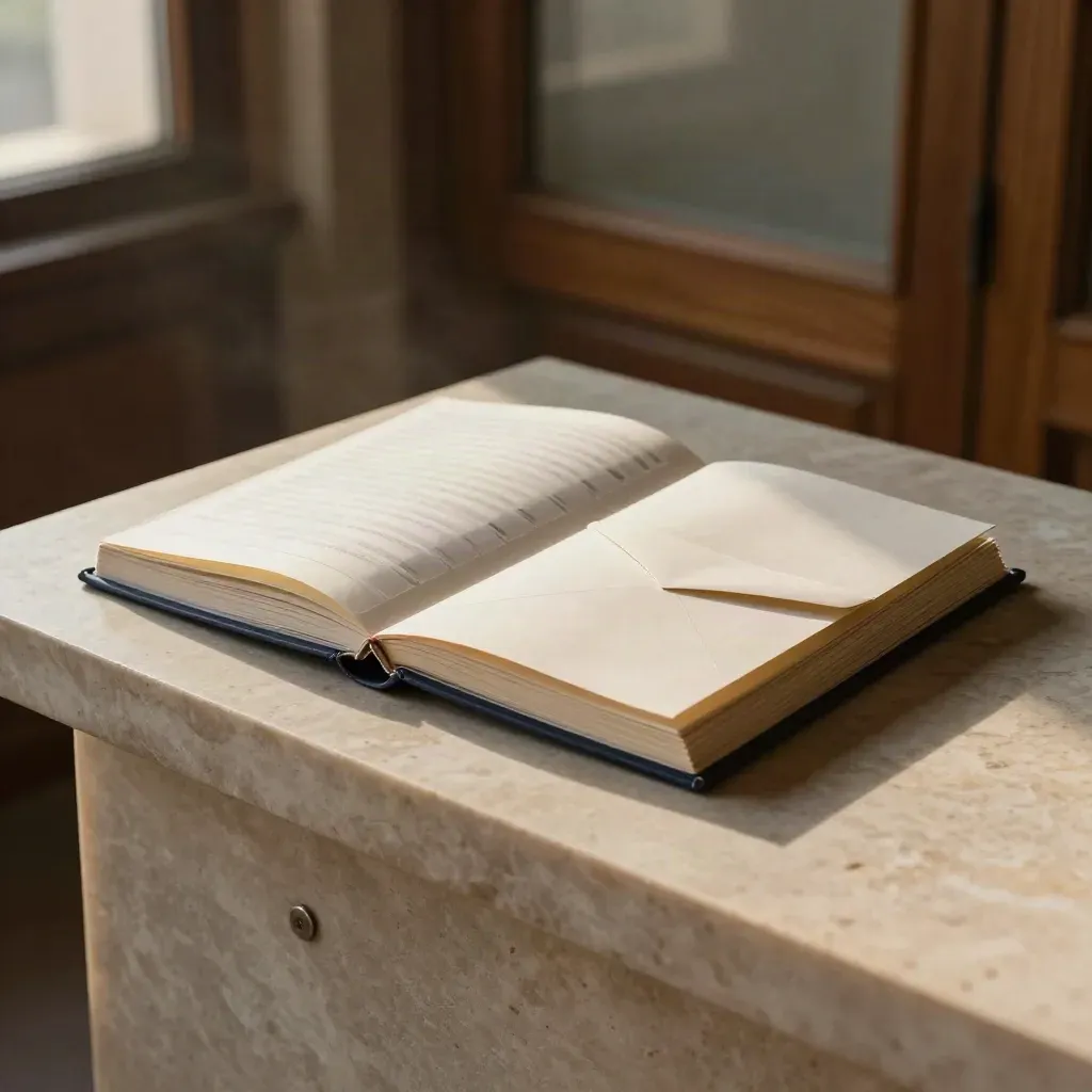 Employment policy binder, sealed exit envelope and clip on pale stone in moody low legal light