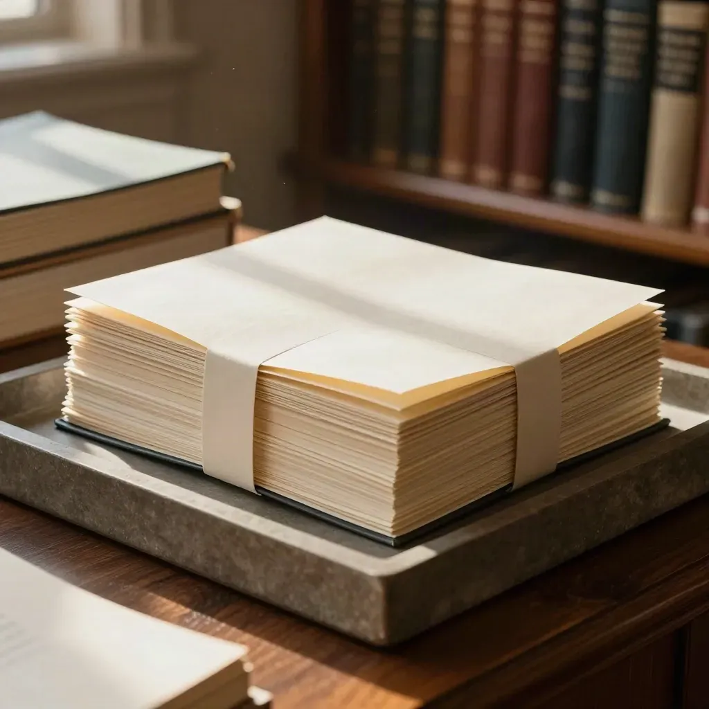 Closed legal folio with cream pages on a stone tray in a quiet law library.