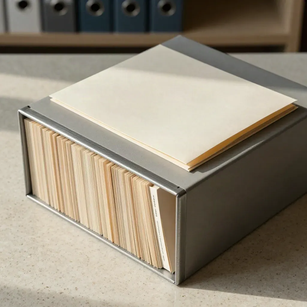 Top-down legal archive box, witness tabs and exhibit sleeve squared for filing on travertine.