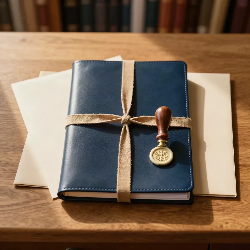 Sealed business file with brass stamp and wax seal on warm oak, lit by soft window light.