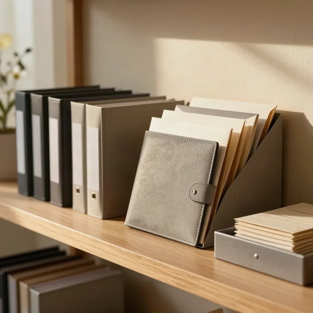 Legal binder wallets, sealed envelopes and an archive box arranged neatly on a studio shelf.