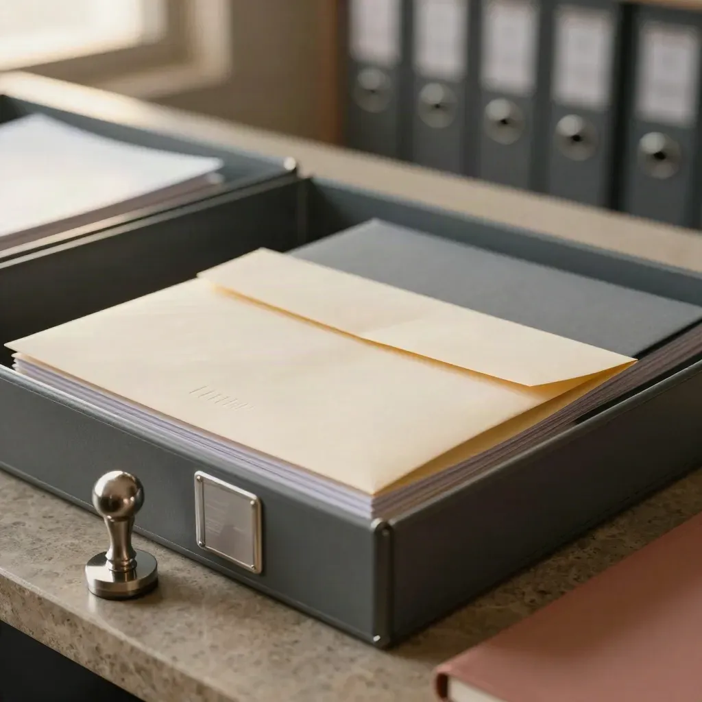 Close-up of a compliance dossier, regulator envelope and archive tray on stone, lit warmly.
