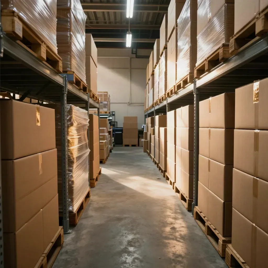 Stockroom with sealed cartons and pallets under warm late-afternoon warehouse light.