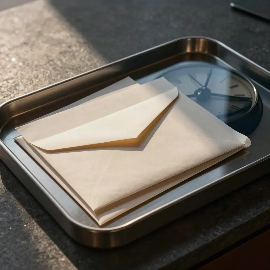Sealed courier envelope in an archive tray beside a reflected wall clock, lit dramatically.
