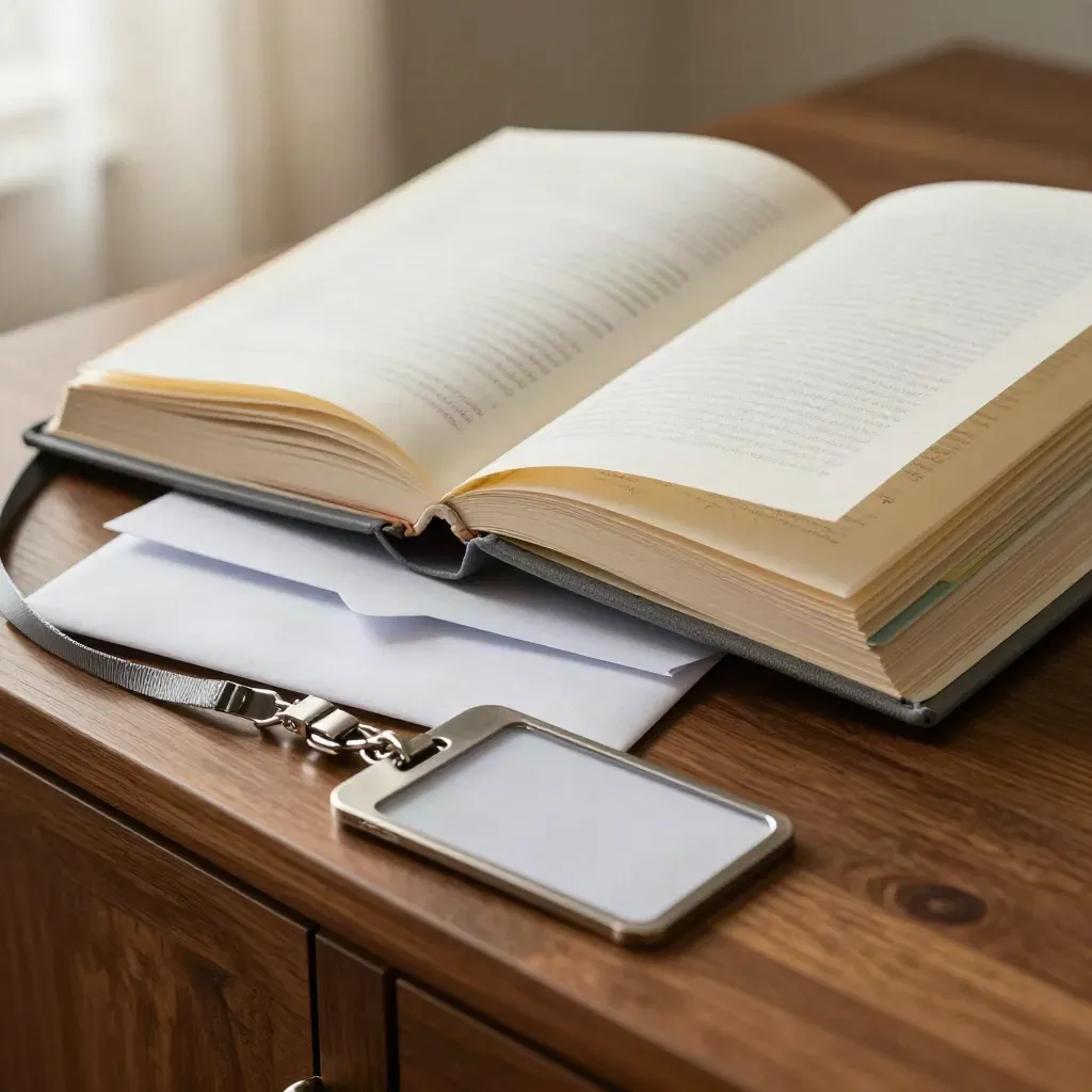 Macro still life of an open employment law binder, privacy envelope and clipped lanyard on walnut.