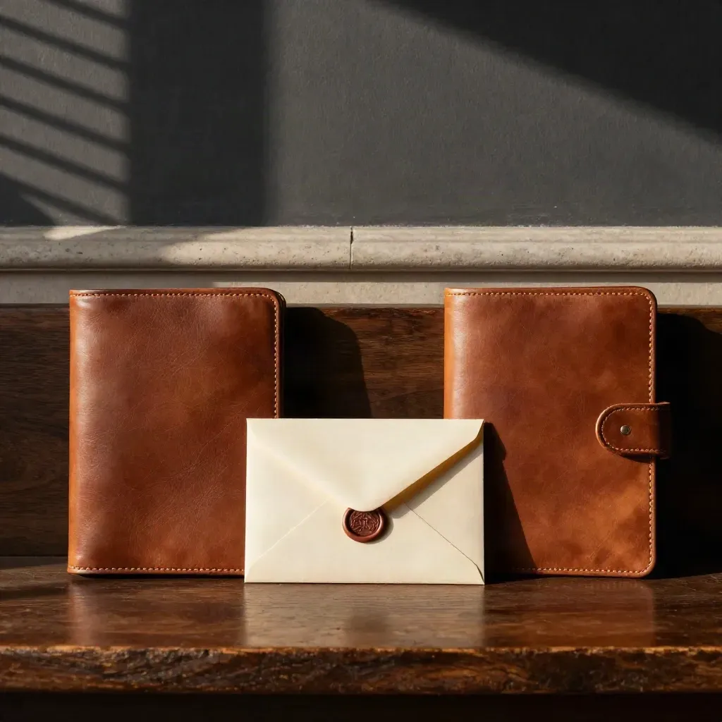 Two closed leather folios and a sealed ivory envelope on a dark bench, lit by blind shadows.