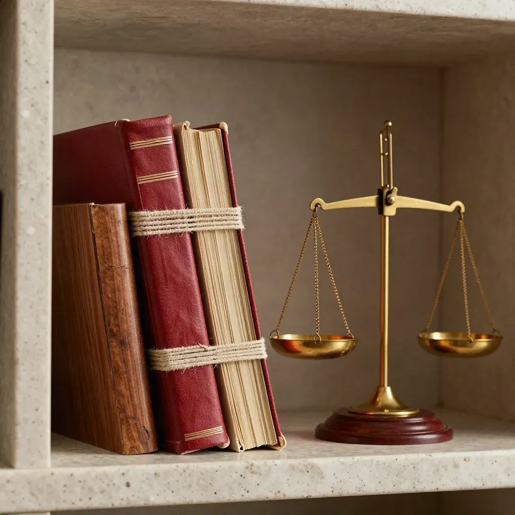 Brass scales beside a red-tabbed case bundle and walnut bookends on travertine.
