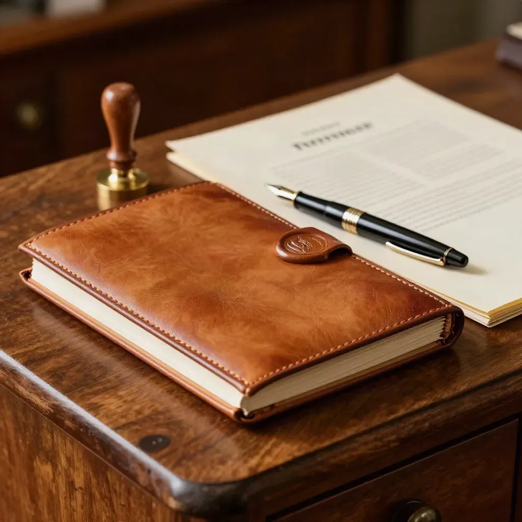 Leather portfolio, wax seal and fountain pen on a walnut credenza in soft directional light.