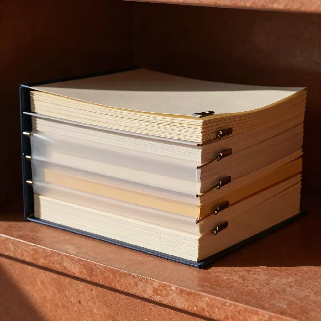Court bundle with exhibit sleeves and archive clips on a terracotta stone ledge.