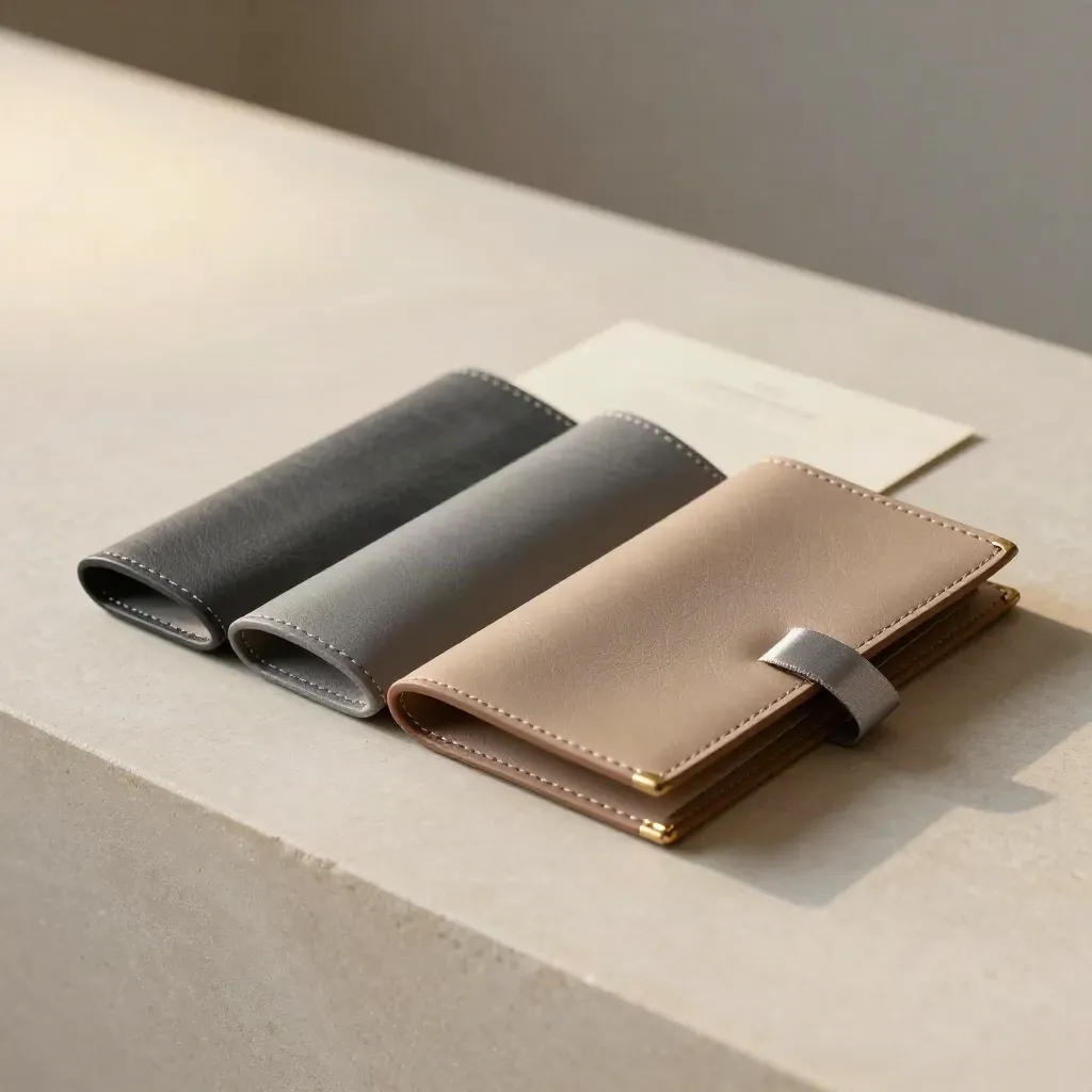 Three leather proposal sleeves arranged on a plaster sweep, one pulled forward