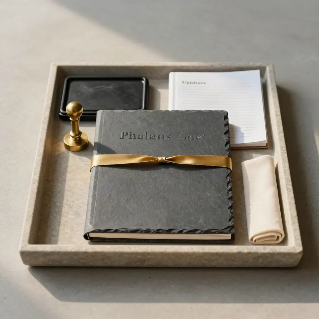 Overhead legal still life with ribboned case file, date stamp and notebook on a stone tray.