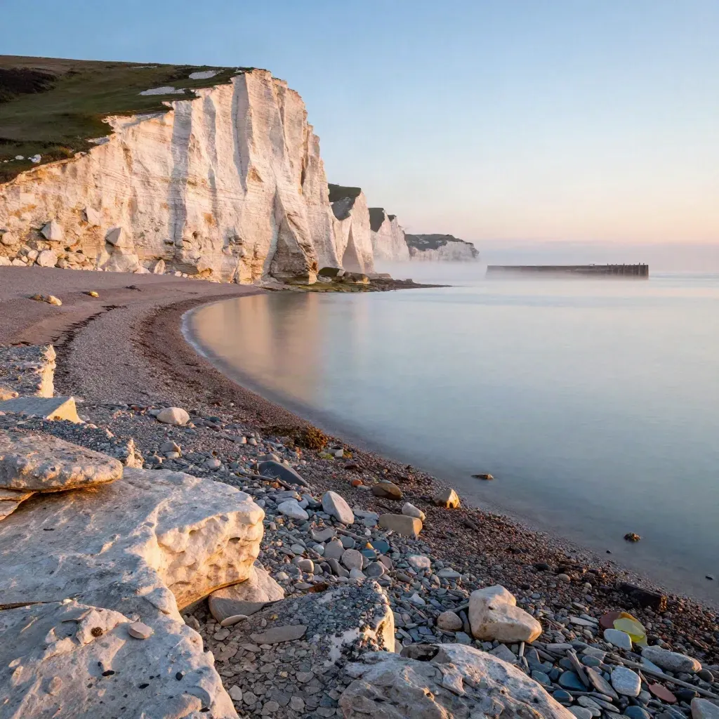 Bright chalk cliffs over a misty South East England coast with a calm sea foreground
