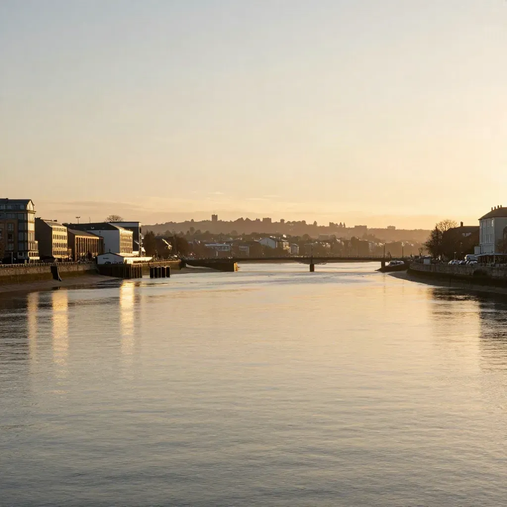 Mersey waterfront at golden hour with Manchester skyline haze and open water below