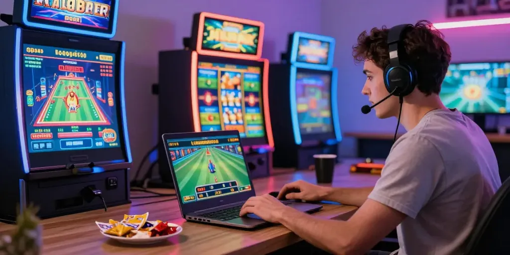 Engaged user playing at nhà cái tx88, surrounded by colorful gaming elements in a lively home office.