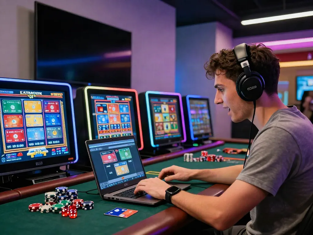 Engaged player enjoying credit card slots at a live online casino, surrounded by vibrant gaming elements.