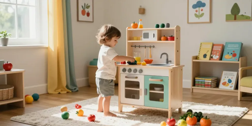 Child joyfully playing with a colourful wooden kitchen set in a bright playroom.
