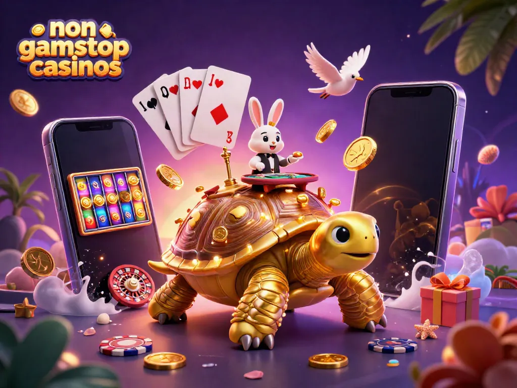 Experience non gamstop casinos with a golden tortoise casino and a rabbit dealer in a vibrant scene.