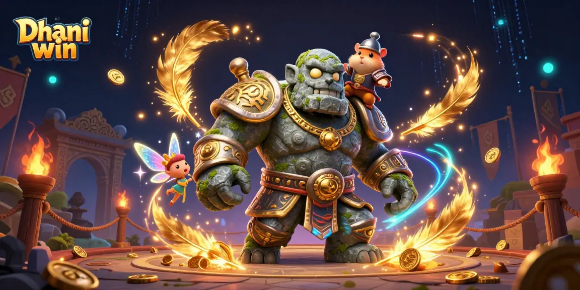 Dhani win's exciting gaming adventure scene with a stone golem guardian and magical elements