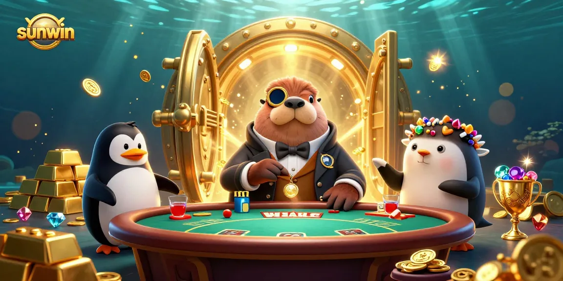 Experience exciting gameplay at sunwin with a jolly walrus and friends at an underwater poker table.
