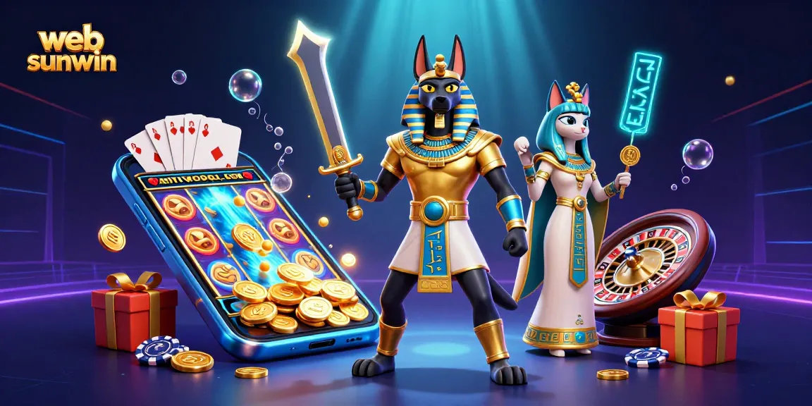 Engage with the web sunwin in this dynamic 3D casino scene featuring Anubis and Bastet amidst vibrant gaming elements.
