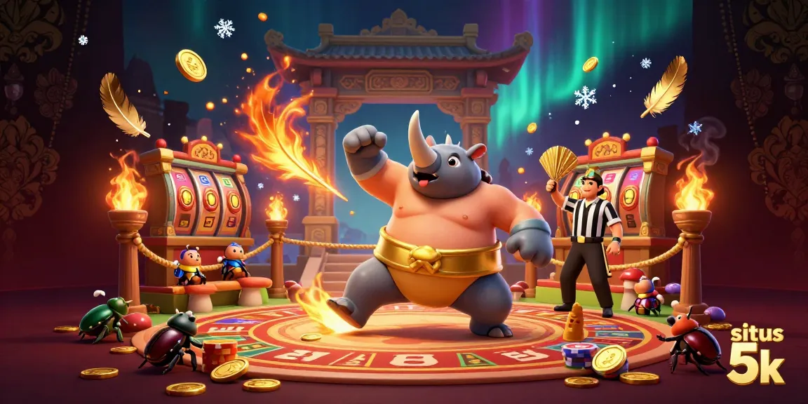 Experience thrilling moments at situs 5k, featuring a powerful beetle champion amidst swirling gold coins in a vibrant casino.