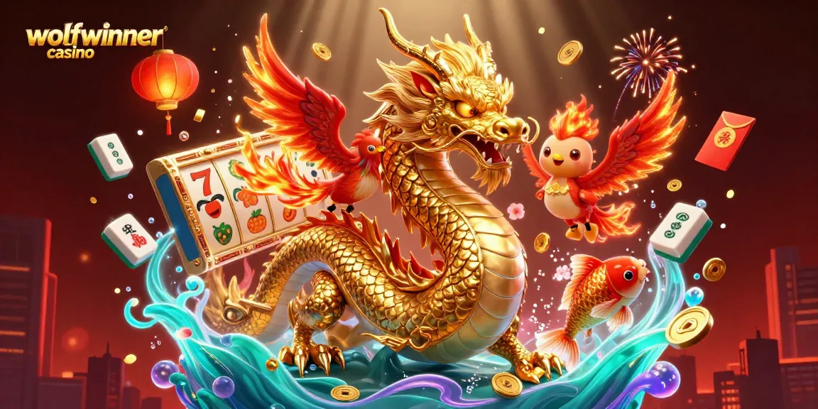 Experience the thrill of wolfwinner casino with vibrant 3D dragon and phoenix illustration.