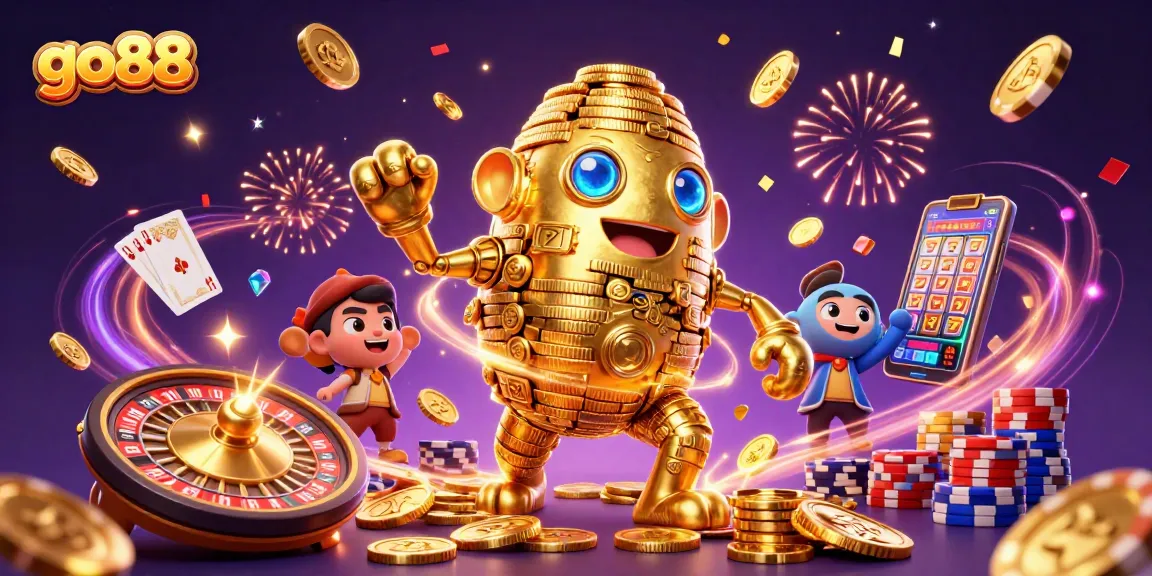 Experience thrilling gaming action at go88 with a captivating scene featuring a golden golem and casino elements.