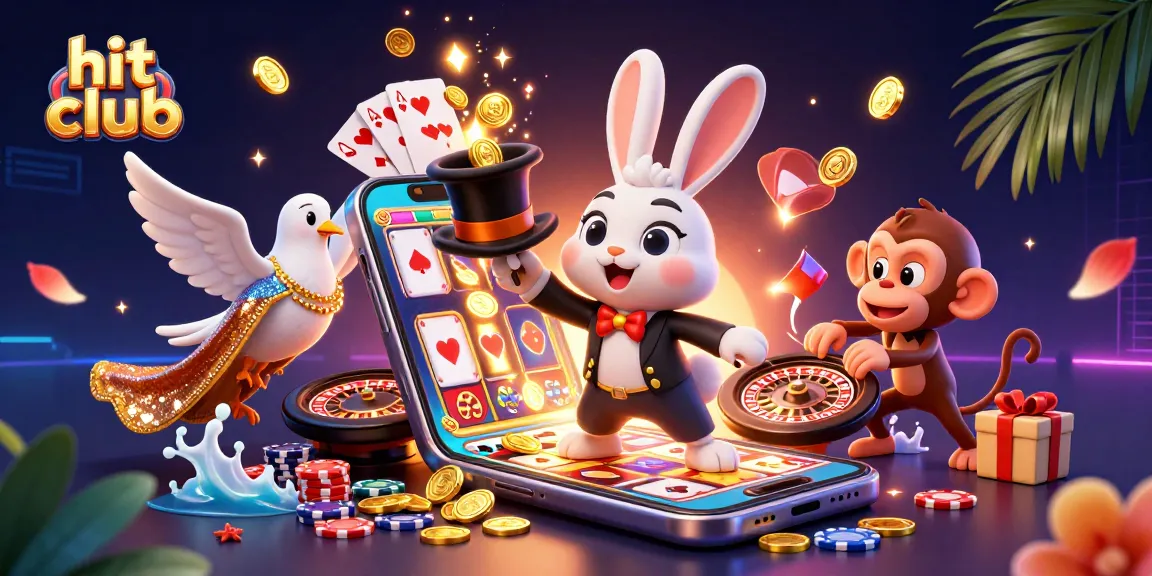 Experience the excitement of hit club with a fun magician, dove, and playful monkey in this vibrant casino scene.