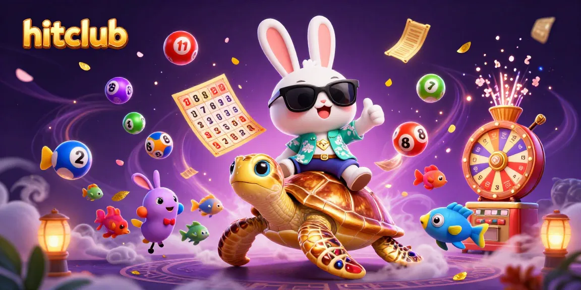 Hitclub's lucky rabbit enjoying a vibrant gaming scene filled with lottery balls and golden prizes.